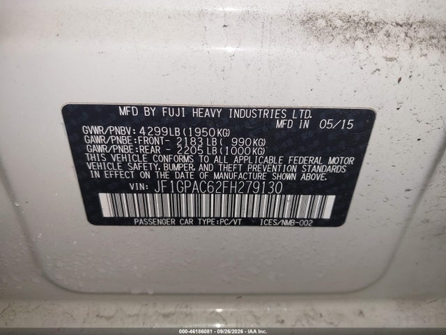 2015 Subaru Impreza 2.0i Premium მანქანა იყიდება აუქციონზე, vin: JF1GPAC62FH279130, აუქციონის ნომერი: 46186081