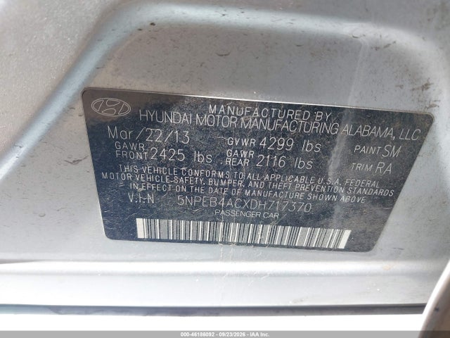 Aukcja sprzedaży 2013 Hyundai Sonata Gls, vin: 5NPEB4ACXDH717370, numer aukcji: 46186092