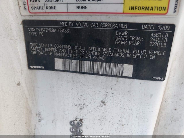 Aukcja sprzedaży 2010 Volvo C70 T5, vin: YV1672MC8AJ094561, numer aukcji: 46186109