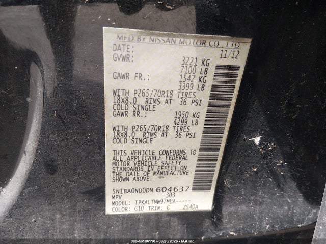 2013 Nissan Armada Sv მანქანა იყიდება აუქციონზე, vin: 5N1BA0ND0DN604637, აუქციონის ნომერი: 46186110