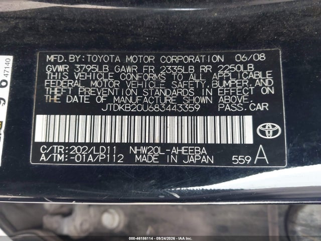 Aukcja sprzedaży 2008 Toyota Prius Touring, vin: JTDKB20U683443359, numer aukcji: 46186114