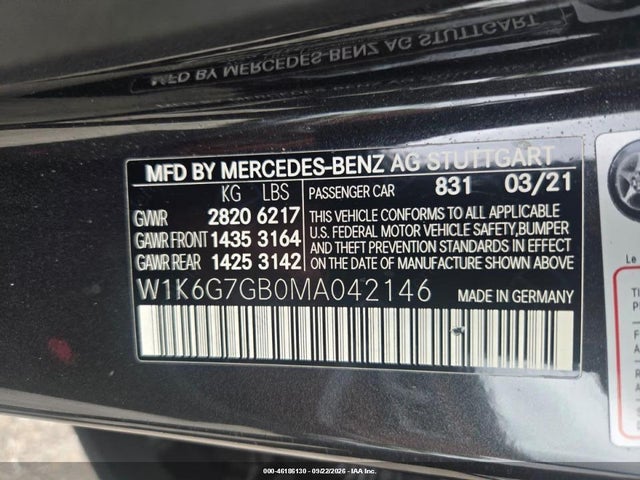 46186130 :رقم المزاد ، W1K6G7GB0MA042146 vin ، 2021 Mercedes-benz S 580 4matic مزاد بيع