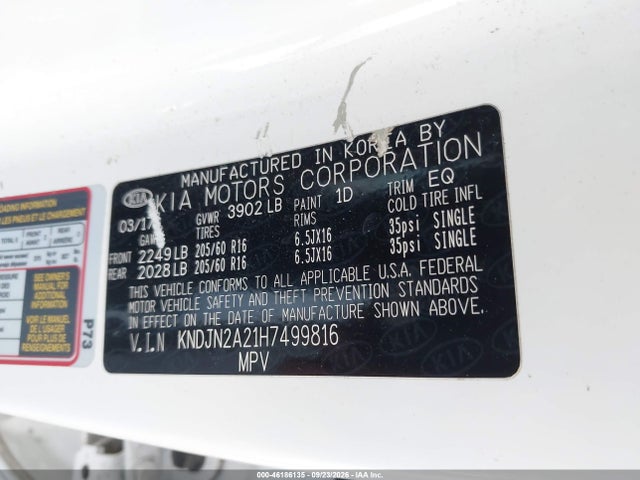 2017 Kia Soul მანქანა იყიდება აუქციონზე, vin: KNDJN2A21H7499816, აუქციონის ნომერი: 46186135