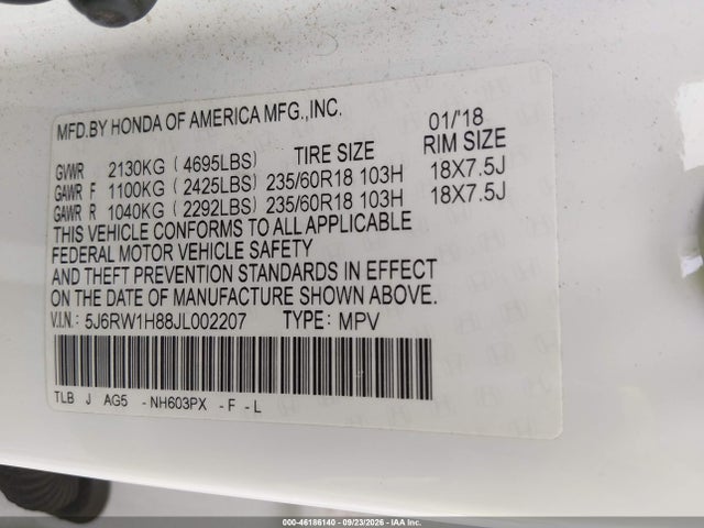 Продаж на аукціоні авто 2018 Honda Cr-v Ex-l/ex-l Navi, vin: 5J6RW1H88JL002207, номер лоту: 46186140
