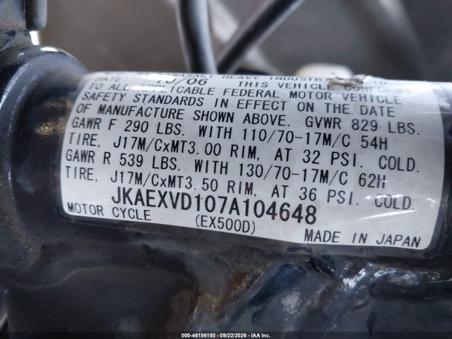 Aukcja sprzedaży 2007 Kawasaki Ex500 D, vin: JKAEXVD107A104648, numer aukcji: 46186150