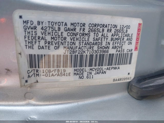 46186151 :رقم المزاد ، JT2BF22K710303966 vin ، 2001 Toyota Camry Le V6 مزاد بيع