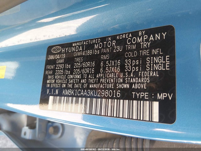 Продажа на аукционе авто 2019 Hyundai Kona Se, vin: KM8K1CAA3KU298016, номер лота: 46186162