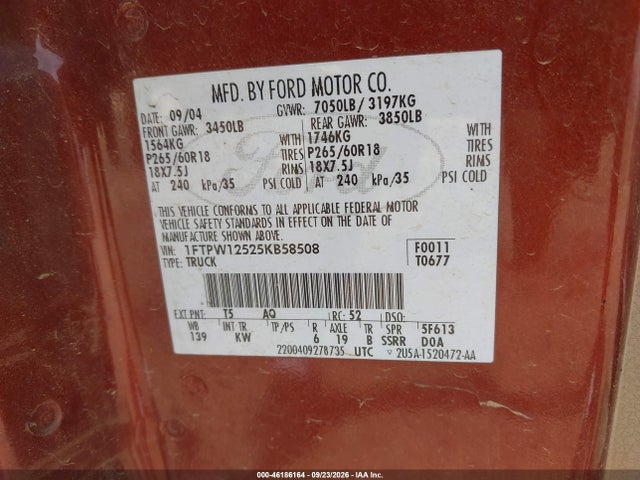 46186164 :رقم المزاد ، 1FTPW12525KB58508 vin ، 2005 Ford F-150 Lariat/xlt مزاد بيع
