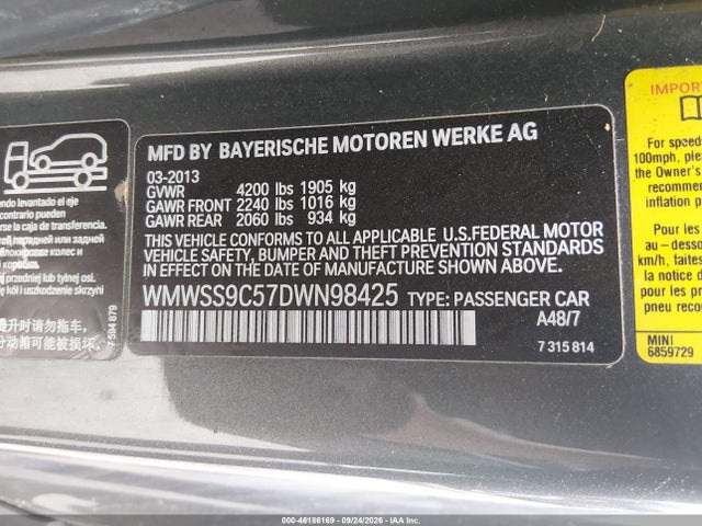 2013 Mini Cooper მანქანა იყიდება აუქციონზე, vin: WMWSS9C57DWN98425, აუქციონის ნომერი: 46186169