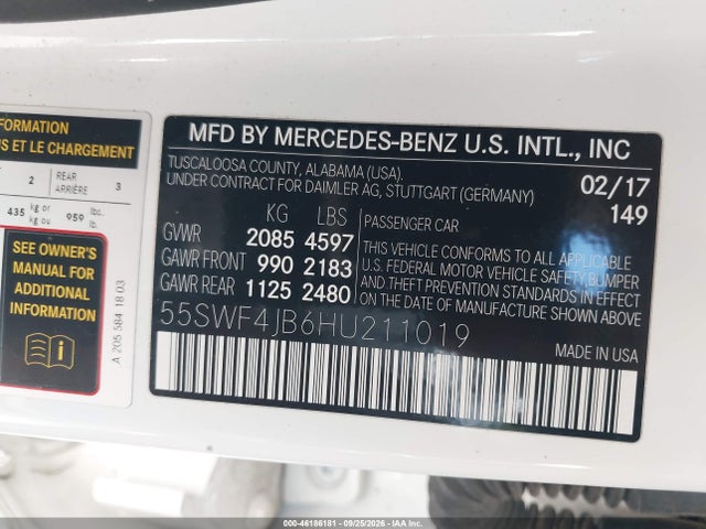 46186181 :رقم المزاد ، 55SWF4JB6HU211019 vin ، 2017 Mercedes-benz C 300 مزاد بيع