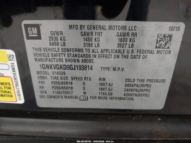 46186192 :رقم المزاد ، 1GNKVGKD9GJ193814 vin ، 2016 Chevrolet Traverse 1lt مزاد بيع