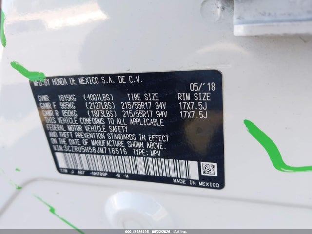 46186195 :رقم المزاد ، 3CZRU5H56JM716516 vin ، 2018 Honda Hr-v Ex مزاد بيع