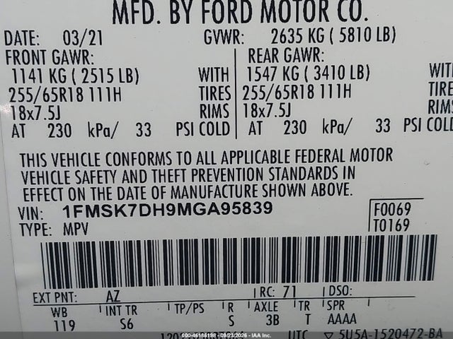 Продаж на аукціоні авто 2021 Ford Explorer Xlt, vin: 1FMSK7DH9MGA95839, номер лоту: 46186198