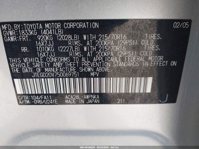 Aukcja sprzedaży 2005 Toyota Rav4, vin: JTEGD20V750069751, numer aukcji: 46186204