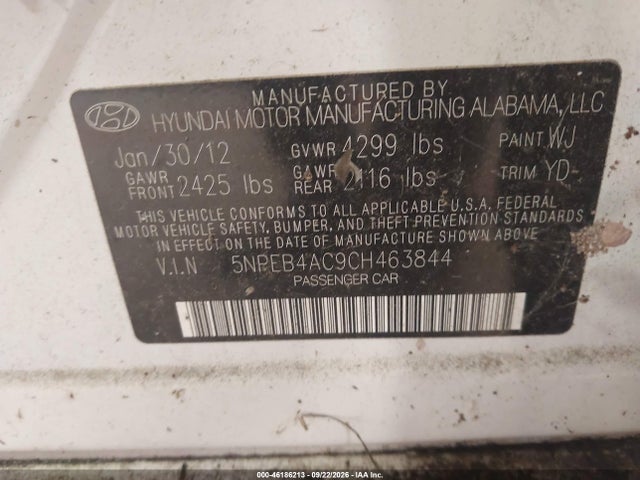 Aukcja sprzedaży 2012 Hyundai Sonata Gls, vin: 5NPEB4AC9CH463844, numer aukcji: 46186213