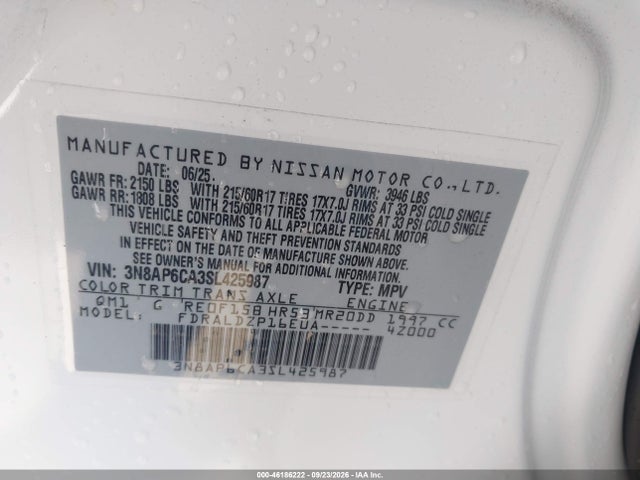 Продаж на аукціоні авто 2025 Nissan Retrocesos Sv Fwd, vin: 3N8AP6CA3SL425987, номер лоту: 46186222