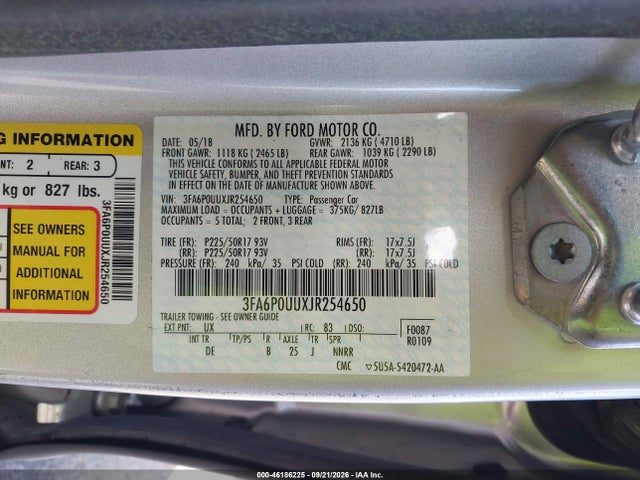 Продаж на аукціоні авто 2018 Ford Fusion Hybrid S, vin: 3FA6P0UUXJR254650, номер лоту: 46186225