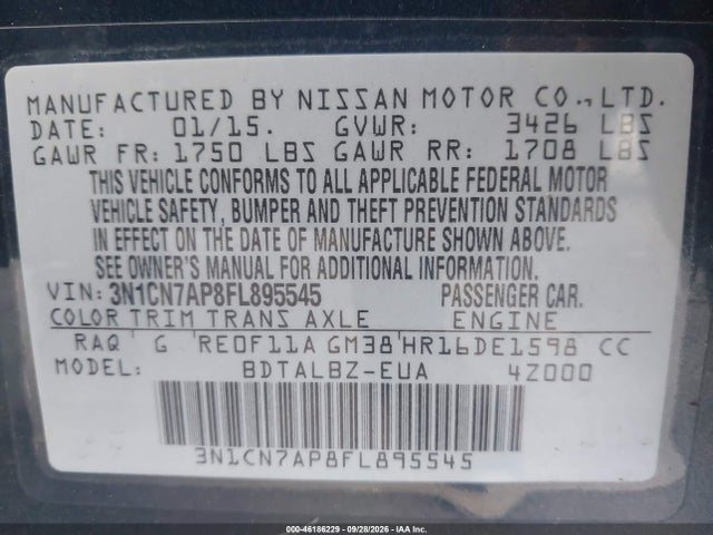 Продаж на аукціоні авто 2015 Nissan Versa 1.6 Sv, vin: 3N1CN7AP8FL895545, номер лоту: 46186229