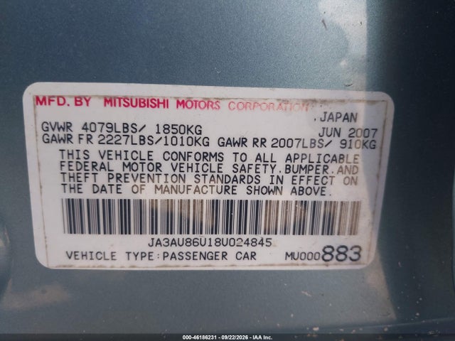 Aukcja sprzedaży 2008 Mitsubishi Lancer Gts, vin: JA3AU86U18U024845, numer aukcji: 46186231