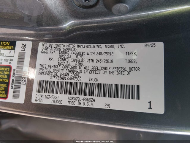 2025 Toyota Tundra Sr მანქანა იყიდება აუქციონზე, vin: 5TFKB5AB1SX047869, აუქციონის ნომერი: 46186250