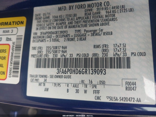 2016 Ford Fusion Se მანქანა იყიდება აუქციონზე, vin: 3FA6P0HD6GR139093, აუქციონის ნომერი: 46186251