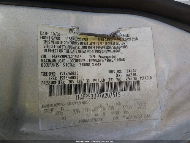 Продаж на аукціоні авто 2007 Ford Taurus Se, vin: 1FAFP53U97A207515, номер лоту: 46186261