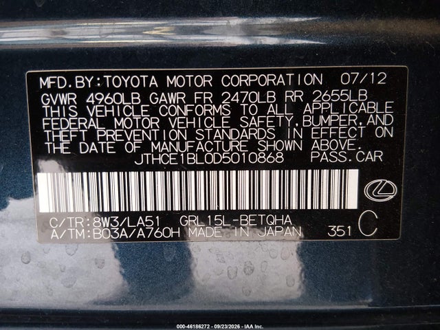 46186272 :رقم المزاد ، JTHCE1BL0D5010868 vin ، 2013 Lexus Gs 350 مزاد بيع