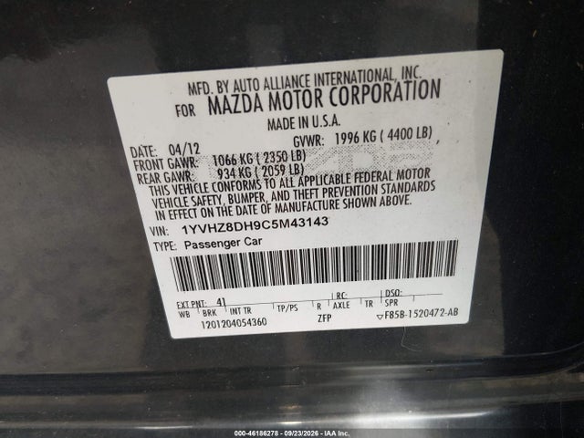 46186278 :رقم المزاد ، 1YVHZ8DH9C5M43143 vin ، 2012 Mazda Mazda6 مزاد بيع