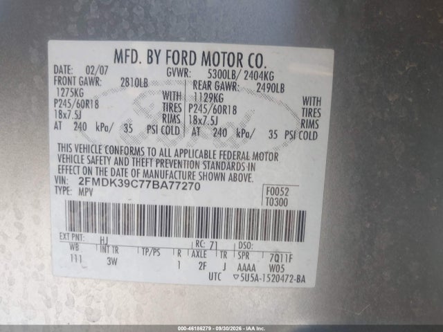46186279 :رقم المزاد ، 2FMDK39C77BA77270 vin ، 2007 Ford Edge Sel Plus مزاد بيع