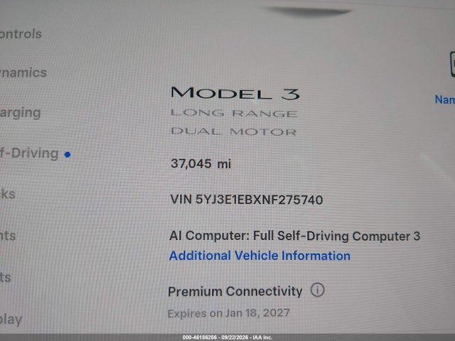 Aukcja sprzedaży 2022 Tesla Model 3 Long Range Dual Motor All-wheel Drive, vin: 5YJ3E1EBXNF275740, numer aukcji: 46186286