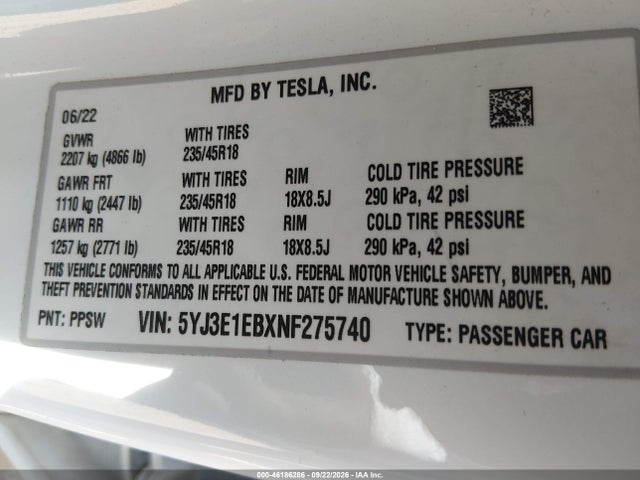Aukcja sprzedaży 2022 Tesla Model 3 Long Range Dual Motor All-wheel Drive, vin: 5YJ3E1EBXNF275740, numer aukcji: 46186286