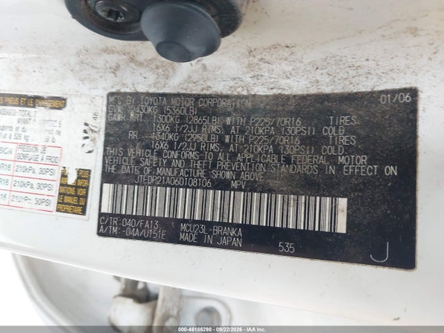 46186290 :رقم المزاد ، JTEDP21A060108106 vin ، 2006 Toyota Highlander V6 مزاد بيع