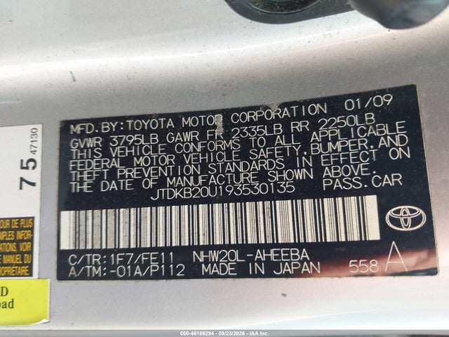 Aukcja sprzedaży 2009 Toyota Prius, vin: JTDKB20U193530135, numer aukcji: 46186294