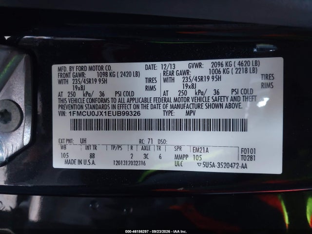 46186297 :رقم المزاد ، 1FMCU0JX1EUB99326 vin ، 2014 Ford Escape Titanium مزاد بيع