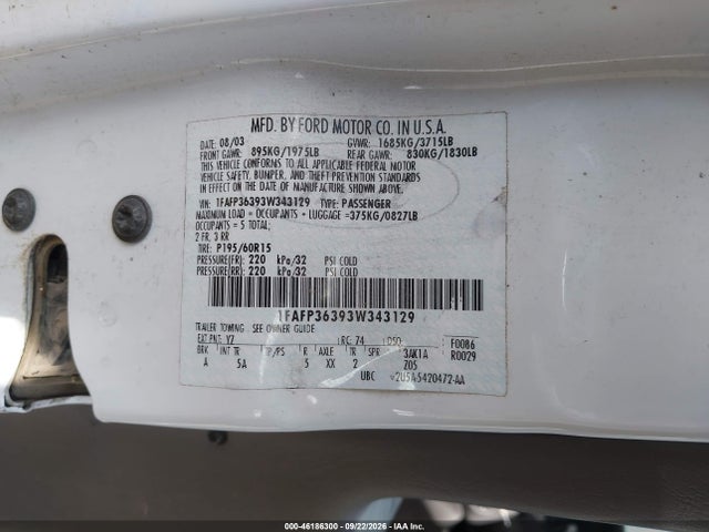 46186300 :رقم المزاد ، 1FAFP36393W343129 vin ، 2003 Ford Focus Se/ztw مزاد بيع