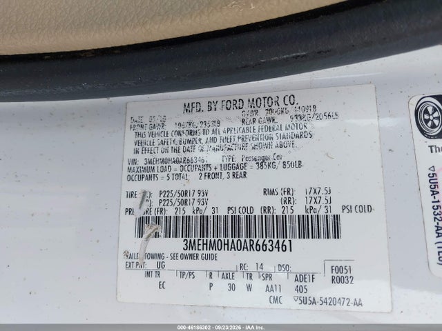 2010 Mercury Milan მანქანა იყიდება აუქციონზე, vin: 3MEHM0HA0AR663461, აუქციონის ნომერი: 46186302