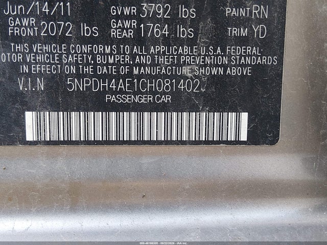 46186305 :رقم المزاد ، 5NPDH4AE1CH081402 vin ، 2012 Hyundai Elantra Limited مزاد بيع