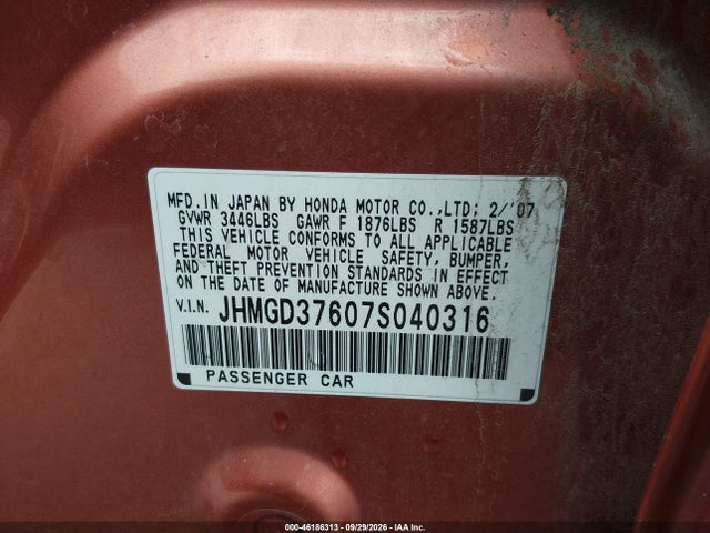 Auction sale of the 2007 Honda Fit Sport, vin: JHMGD37607S040316, lot number: 46186313