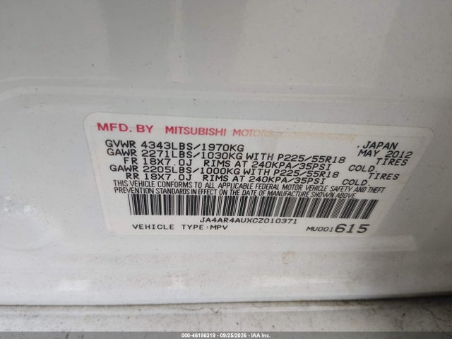 46186319 :رقم المزاد ، JA4AR4AUXCZ010371 vin ، 2012 Mitsubishi Outlander Sport Se مزاد بيع
