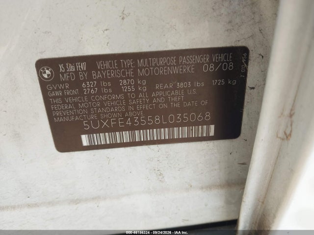 46186324 :رقم المزاد ، 5UXFE43558L035068 vin ، 2008 Bmw X5 3.0si مزاد بيع