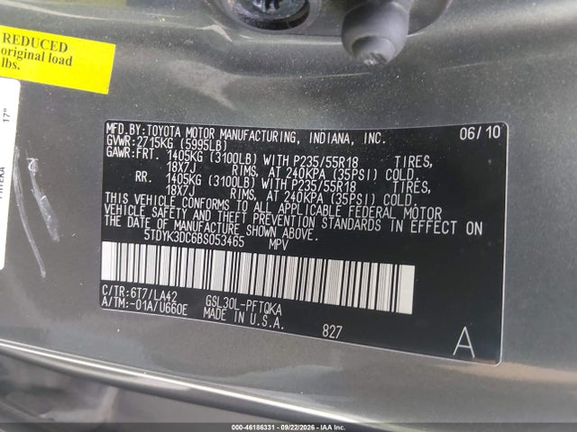46186331 :رقم المزاد ، 5TDYK3DC6BS053465 vin ، 2011 Toyota Sienna Limited V6 مزاد بيع