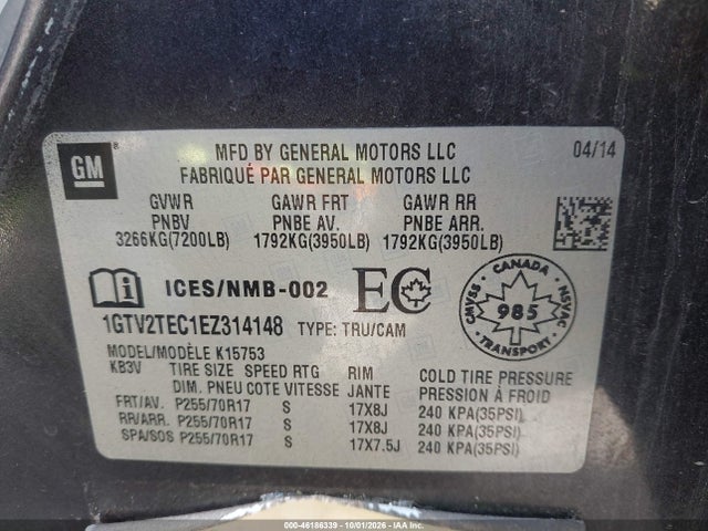 2014 Gmc Sierra 1500 მანქანა იყიდება აუქციონზე, vin: 1GTV2TEC1EZ314148, აუქციონის ნომერი: 46186339