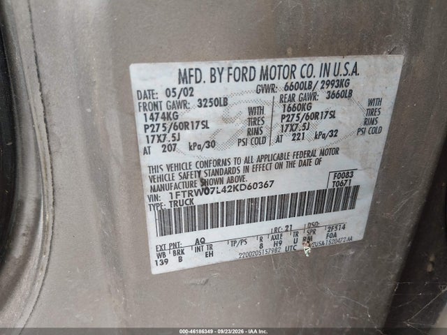 Aukcja sprzedaży 2002 Ford F-150 Lariat/xlt, vin: 1FTRW07L42KD60367, numer aukcji: 46186349