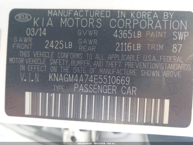 KIA Optima Lx 2014 KNAGM4A74E5510669 Image 9