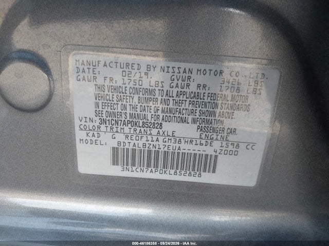 Продажа на аукционе авто 2019 Nissan Versa 1.6 Sv, vin: 3N1CN7AP0KL852828, номер лота: 46186358