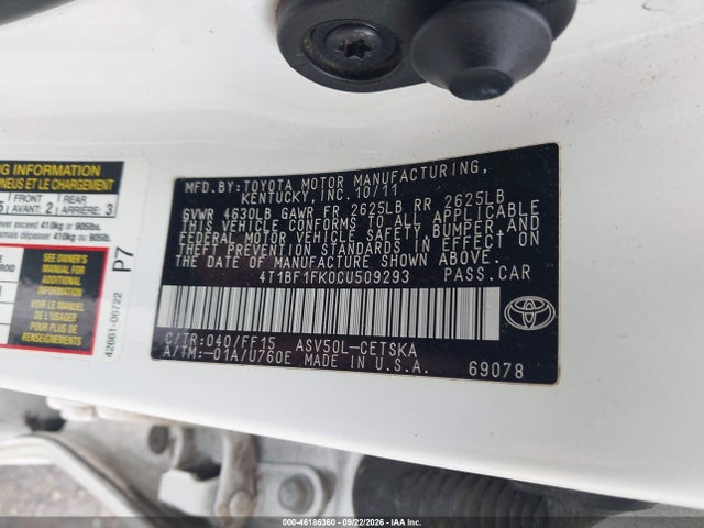 Продажа на аукционе авто 2012 Toyota Camry Se, vin: 4T1BF1FK0CU509293, номер лота: 46186360