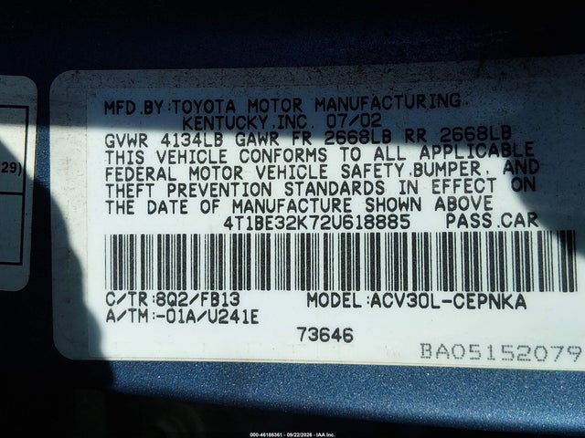 46186361 :رقم المزاد ، 4T1BE32K72U618885 vin ، 2002 Toyota Camry Le مزاد بيع