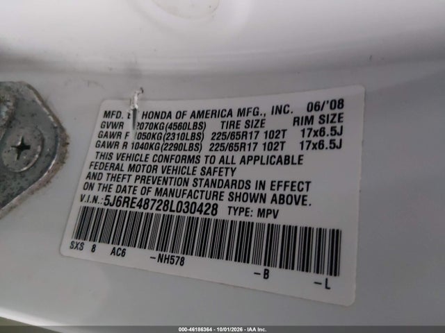 46186364 :رقم المزاد ، 5J6RE48728L030428 vin ، 2008 Honda Cr-v Ex-l مزاد بيع
