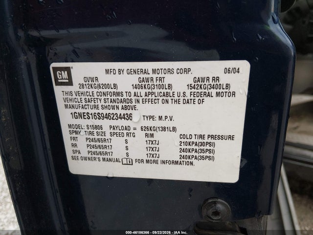 Auction sale of the 2004 Chevrolet Trailblazer Ext Ls, vin: 1GNES16S946234436, lot number: 46186366