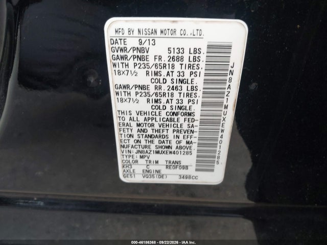 46186368 :رقم المزاد ، JN8AZ1MUXEW401285 vin ، 2014 Nissan Murano Sl مزاد بيع